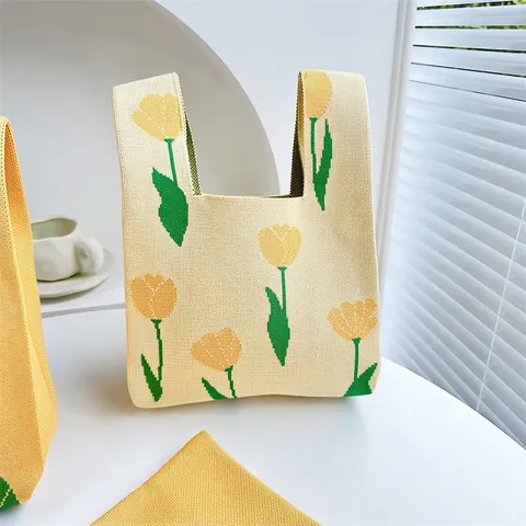 Gestrickte Handtasche Polyester Blumen Sonnenblume Tulpenmuster Knot Handgelenktasche Lässig Tragbar Leicht Für Frauen