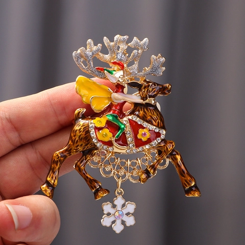 Broche de Reno de Navidad Vintage con Elfo para Mujeres Hombres Aleación de Zinc Multicolor Esmalte Strass Colgante de Copo de Nieve Joyería de Fiesta Regalo