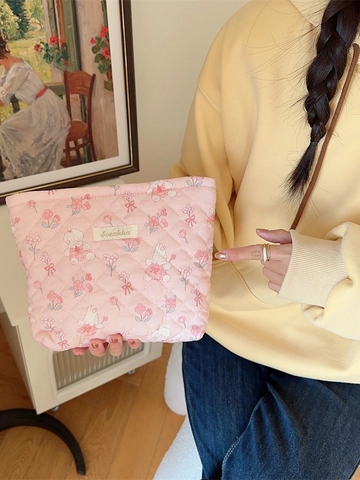 Cute Quilted Cotton Cosmetic Bag Large Capacity Makeup Organizer Pouch With Cartoon Rabbit Bear Floral Print For Women