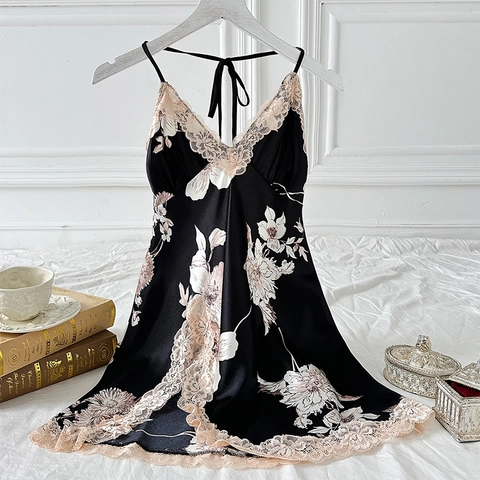 Women Floral Print Satin Nightdress V Neck Lace Trim Sleeveless Backless Sexy Loungewear Sleepwear Nightgown