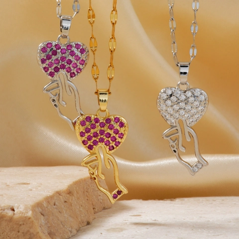 Edelstahl Kupfer Zirkonia Finger Herz Anhänger Halskette Zierliche Strass Eingelegte Geste Schlüsselbein Kette Schmuck Für Damen