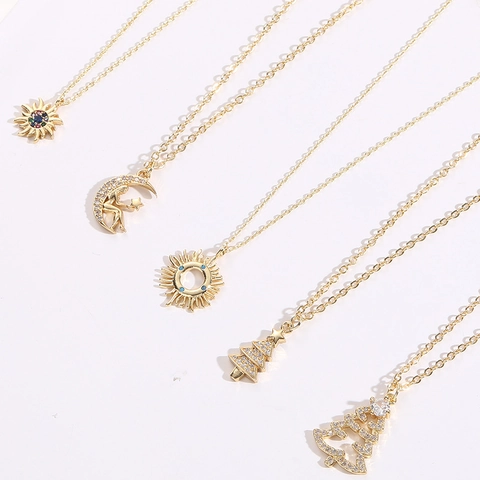 Collier Pendentif Soleil Lune Arbre De Noël Cuivre Plaqué Or 14K Zircon Chaîne De Clavicule Délicate Bijoux Femme