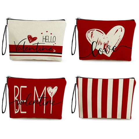 Beauty Case Trucco Stampa Cuore Lettera San Valentino Lino Fine Cerniera Borsa Da Toeletta Con Cinturino Da Polso