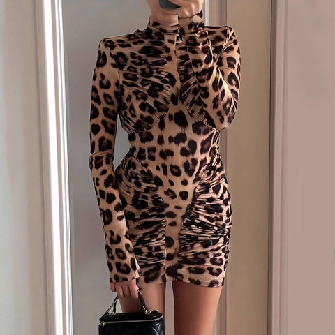 Mini Abito Bodycon In Poliestere Con Stampa Leopardata Schiena Scoperta Arricciato Collo Alto Manica Lunga