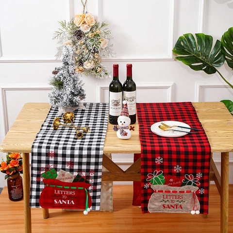 Weihnachten Buffalo Karo Tischläufer Bestickt Letters To Santa Tischdecke Mit Weißen Pompons Feiertag Esszimmer Deko