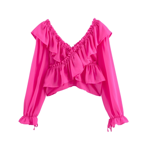 Off Shoulder Σιφόν Μπλούζα Βολάν V Λαιμόκοψη Μανίκι Καμπάνα Γλυκό Ροζ Μακρυμάνικο Τοπ