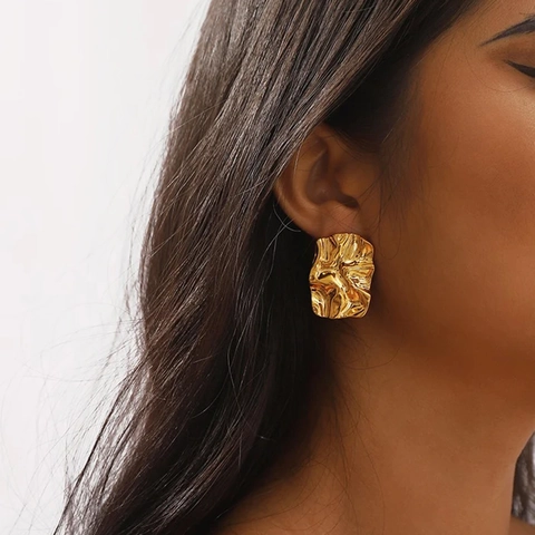 Pendientes Plegados Irregulares Acero Inoxidable Chapado En Oro 18K Textura Martillada Lava Geométrico Mujeres