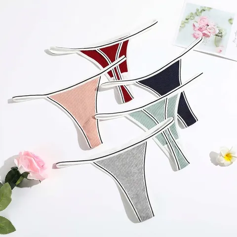 Thong Femme Culotte Coton Côtelé Élasthanne Taille Basse Respirant Garniture Contrastée Sexy T-Back Sous-Vêtements Pour Dames