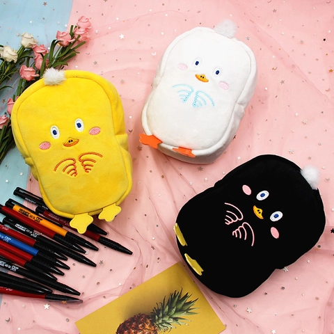 Cute Cartoon Chick Duck Plush Pencil Case Large Capacity Soft Short Plush Storage Bag For Students Kawaii Makeup Pouch