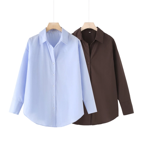 Solid Color Women Poplin Long Sleeve Blouse Shirt Lapel V Neck Button Down Loose Casual Office Chic Elegant Tops