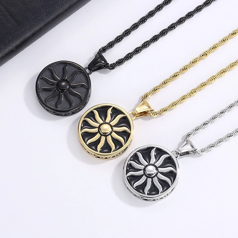 Stainless Steel Sun Pendant Necklace Hip Hop Vintage Round Sun Ray Flame Pattern Embossed Personalized Men Jewelry