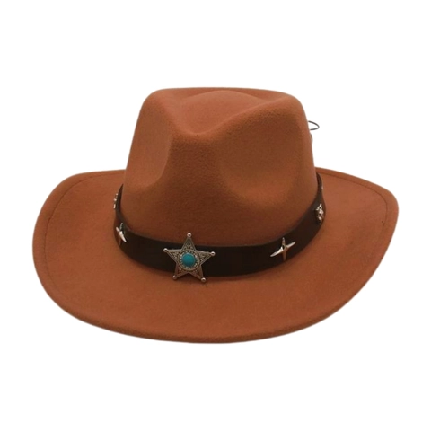 Western Cowboy Hat Retro Polyester Felt Fedora With Leather Band Turquoise Star Metal Studs Ethnic Style For Men Women
