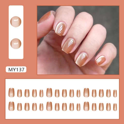 Amber Cat Eye Press On Nails Glanzend Kort Vierkant Kunstnagels Vrouwen ABS Kunststof Eenvoudige Mode