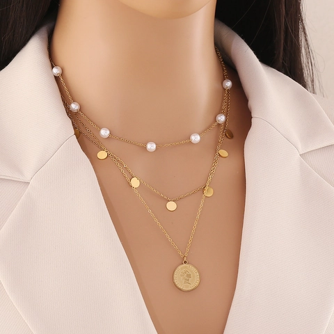 Multi Layer Stainless Steel Necklace For Women With Faux Artificial Pearl Letter A Coin Pendant Gold Plated Elegant Jewelry
