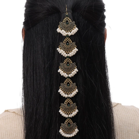 Ethnic Style Long Hair Chain Alloy Glass Gemstone Artificial Pearl Tassel Retro Middle Eastern Head Jewelry For Women