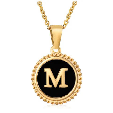 Collar Con Colgante De Letra Inicial Chapado En Oro De 18K Acero Inoxidable 304 Redondo Aceite De Goteo Negro