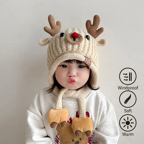 Baby Winter Reindeer Ear Protection Knit Hat For Boys Girls Toddler Warm Acrylic Crochet Beanie With Antlers Christmas Gift