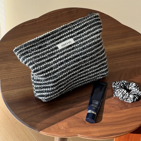 Beauty Case In Tweed A Righe Borsa Per Cosmetici Grande Capacità Organizzatore Pochette Con Fodera In Tela Per Donne
