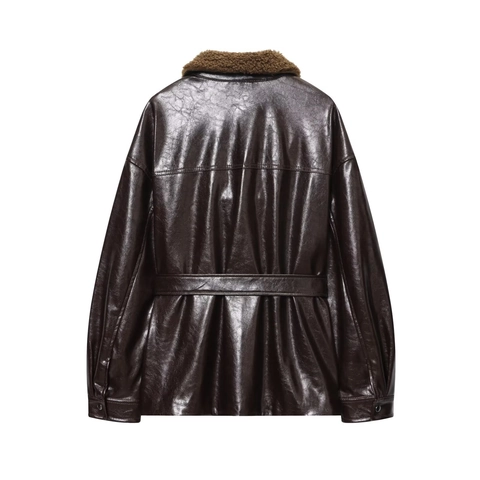 Women Faux Leather Jacket With Faux Lamb Wool Collar Belted Mid-Length Vintage Coated Shiny Outerwear Casual