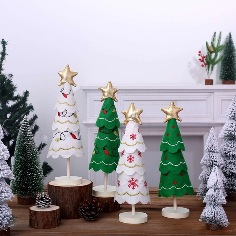 Sapin De Noël De Table En Feutre Socle En Bois Flocon Brodé Étoile Dorée Décoration De Bureau Style Nordique