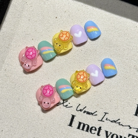 Kids Handmade Press On Nails 3D Turtle Rainbow Heart Cartoon Resin Artificial False Fingernails For Children Girls