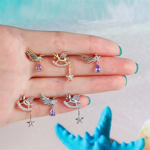 Orecchini Asimmetrici Ottone Zirconia Ala Angelo Unicorno Stella Luna Goccia Viola Perno Acciaio Inossidabile