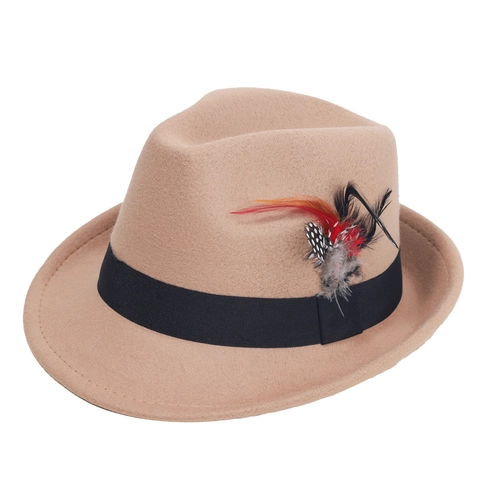 Vintage Polyester Fedora Hat with Feather Decoration British Style Jazz Cap for Men Women Solid Color Elegant Formal Felt Hat