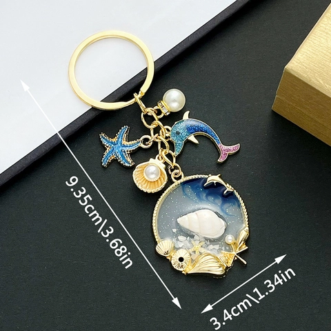 Ocean Theme Keychain Resin Round Pendant With Shell Artificial Pearl Starfish Dolphin Gold Alloy Bag Charm Coastal Marine Style