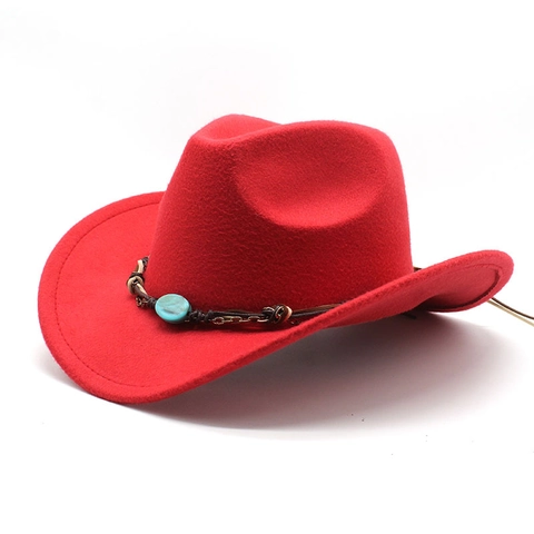 Chapeau De Cow-Boy Occidental Feutre De Laine Large Bord Ethnique Turquoise Ceinture En Cuir Tressé Rétro Bohème