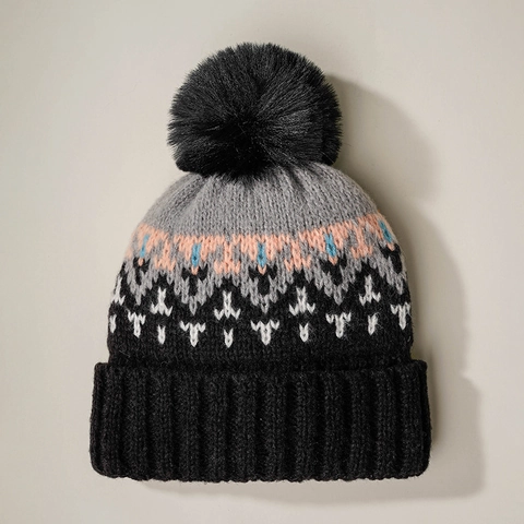 Gorro De Invierno De Punto Acrílico Cálido Bloque De Color Patrón Geométrico Con Pompon De Piel Sintética Unisex