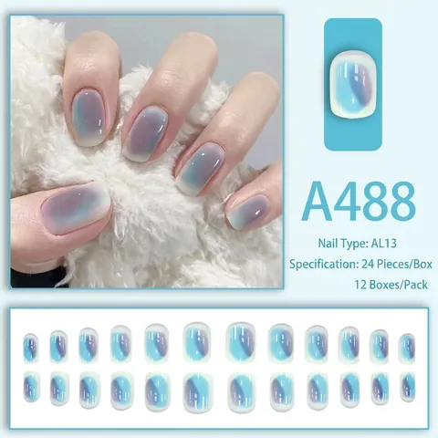 Press On Nails Gradient Blue Purple Oval False Nails Glossy Full Cover Artificial Nail Tips For DIY Manicure