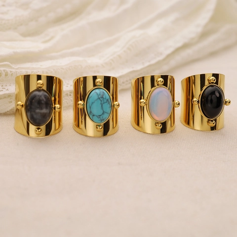 Vintage Gold Plated Stainless Steel Wide Band Ring For Women Oval Natural Stone Inlaid Bohemian Fashion Jewelry Gift