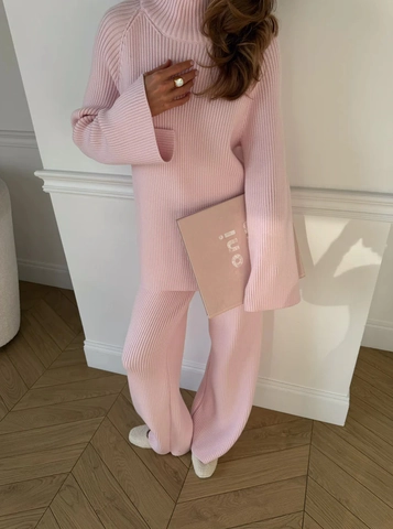 Dames Gebreide Trui En Wijde Broek Met Col Geribbelde Lange Mouwen Casual Huispak Effen Kleur Zacht Chique