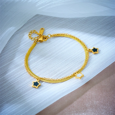 Stainless Steel Double Layer Bracelet Gold Plated Black White Star Pendants Fashion Jewelry For Women