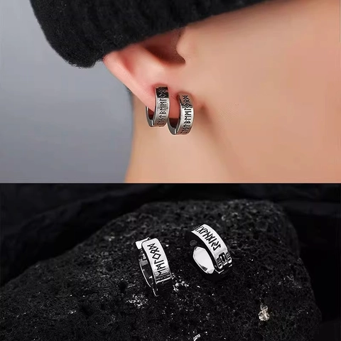 Orecchini A Cerchio Con Rune Vichinghe Acciaio Al Titanio Rétro Punk Clip O Perno In Acciaio Inossidabile Per Uomo Donna