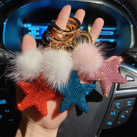Luxus Strass Stern Schlüsselanhänger Mit Kunstfell Ball Mode Keramik Stern Schlüsselanhänger Für Damen Auto Schlüsselring Taschenanhänger Zubehör