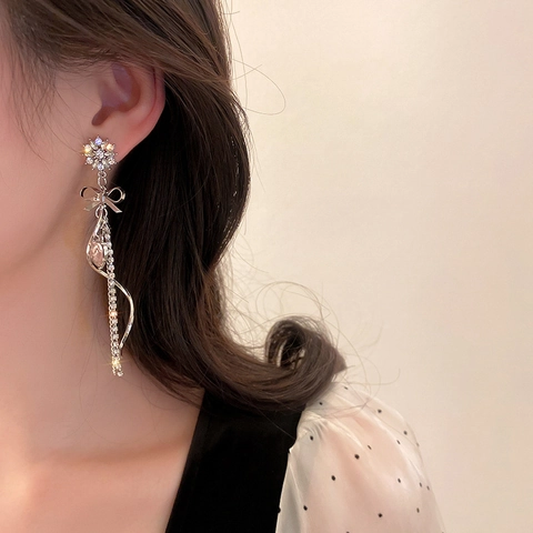 Pendientes Largos Borla Aleacion Estras Corazon Rosa Lazo Flor Con Poste Pendiente Plata 925 Mujer
