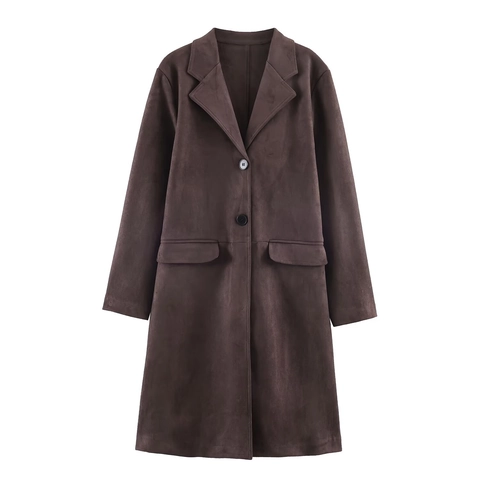 Abrigo Largo De Ante Sintético Para Mujer Color Sólido Cuello De Solapa Botones Ropa De Abrigo Casual Otoño Invierno