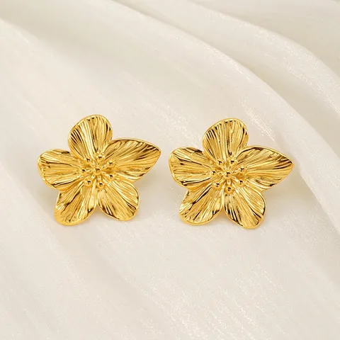 Pendientes De Botón Con Flor Dorada Acero Inoxidable Bañado En Oro De 18 Quilates Textura Cepillada Joyería Para Mujer