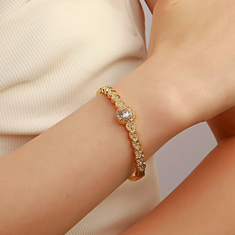 Elegant Alloy Rhinestone Bangle Bracelet Hollow Heart Link With Large Round Center Stone Vintage Style Jewelry For Women