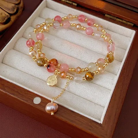 Pulsera Cuentas Doble Capa Cristal Piedra Natural Aleación Retrato Moneda Colgante Perla Artificial Estilo Vintage Mujer