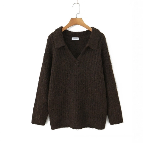 Maglione In Maglia Con Colletto Polo Da Donna Scollo A V Manica Lunga A Costine Morbido Poliestere Casual