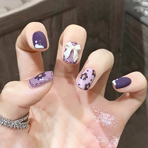 Purple Gradient Press On Nails Cute 3D Bow Flower Pattern Short Square Oval Artificial Fake Nails Decorative For Women
