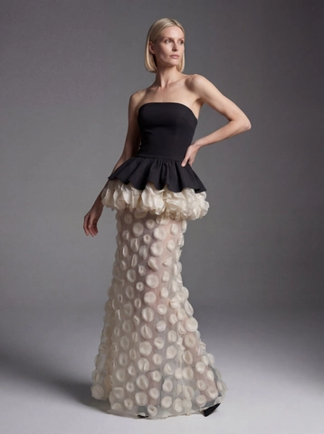 Trägerloses Polyester Abendkleid Schwarz Weiß Kontrast 3D Blüte Netz Meerjungfrau Langes Kleid Für Damen Elegante Party Mode