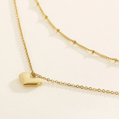 Collar Con Colgante De Corazón De Doble Capa Acero Inoxidable Cadena De Bolas Minimalista Joyería De Moda Mujer