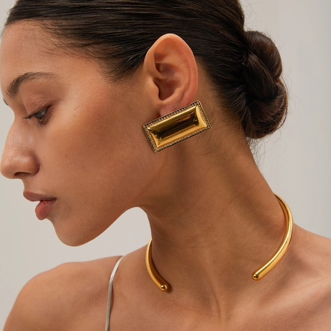Trendy 18K Gold Plated Stainless Steel Rectangular Earrings For Women Geometric Rhinestone Inlaid Personalized Fashion Jewelry