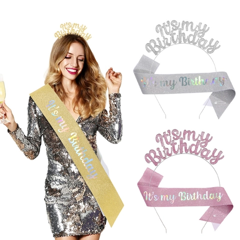 Ensemble Écharpe Et Serre-Tête It's My Birthday Pour Femmes Filles Couronne D'Anniversaire Alliage Pailleté Écharpe En Satin