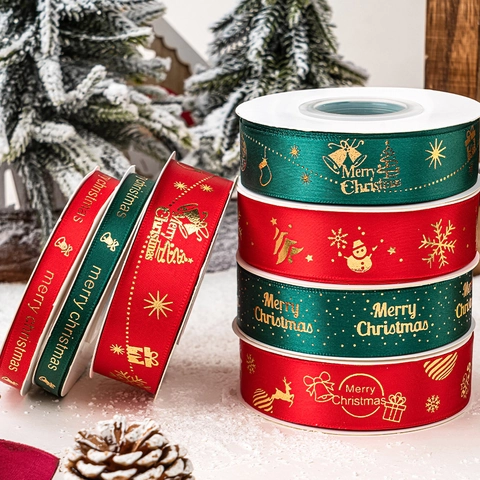 Christmas Ribbons Gold Stamping Polyester Satin For Holiday Gift Wrapping Cake Decoration Merry Christmas Patterns DIY Crafts Party Decor