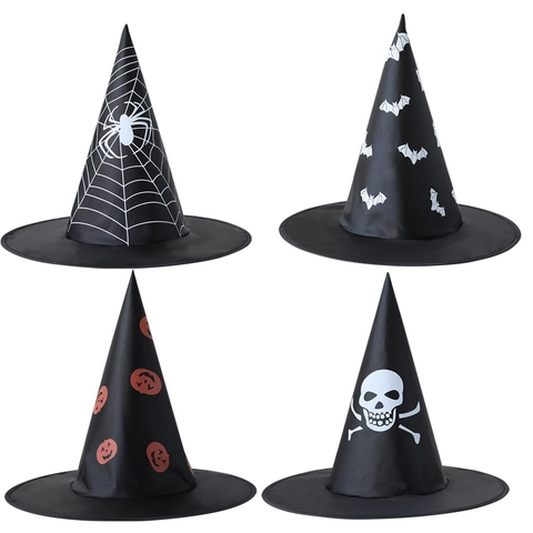 Halloween Witch Wizard Hat Oxford Cloth Printed Bat Skull Spider Web Pumpkin Cosplay Party Costume Props Pointed Wide Brim