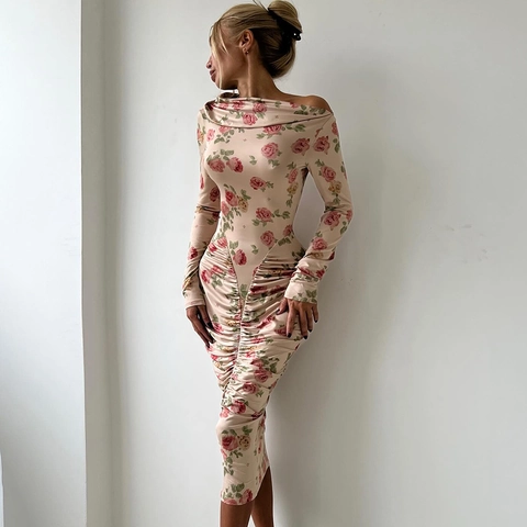 Dames Midi Jurk Bloemenprint Lange Mouwen Rozenpatroon Geplooid Bodycon Nauwsluitend Off Shoulder MelkSatijn Sexy Streetwear